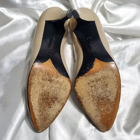 Vintage YSL beige tan thick high heel leather pumps SZ 5.5 - Picture 5 of 5